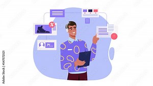 Customer Support Service operator video concept. Young moving male employee of hotline communicates with customers, gives advice and helps to complete order or purchase. Flat graphic animated cartoon