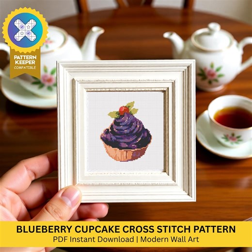 Blueberry Cupcake Cross Stitch Pattern With Pink Rose | PDF Digital Download Embroidery Chart | Pattern Keeper Compatible | Tea Wall Art - Etsy