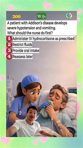 Addison’s Disease with Severe Hypotension and Vomiting — Recognize the Adrenal Crisis Early Acute adrenal insufficiency leads to life-threatening shock and requires immediate steroid replacement to restore vascular tone and hemodynamic stability. #AddisonsCrisis #EndocrineEmergency #HypotensionManagement #CriticalCareNursing #NCLEXPrep