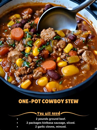 One-Pot 🚌 Cowboy Stew Ingredients: • 2 pounds ground beef. • 2 packages kielbasa sausage, sliced. • 2 garlic cloves, minced. • 1 onion, chopped. • 2 cans (14.5oz) diced tomatoes, drained. • 4 baking potatoes, diced. ..... Full Recipe in Coʍmеոτ 💬 🚖 | Tasty Recipes