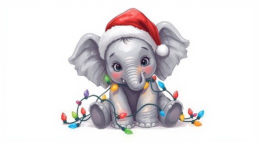 Christmas Elephant PNG | Cute Baby Elephant With Santa Hat & Lights | Holiday Sublimation Design | Festive Animal Clipart - Etsy