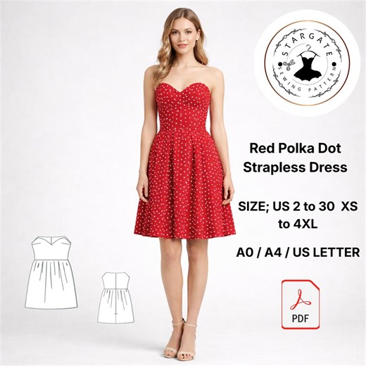 Red Polka Dot Strapless Dress Pattern, Vintage Style Sundress (digital Download) - Etsy