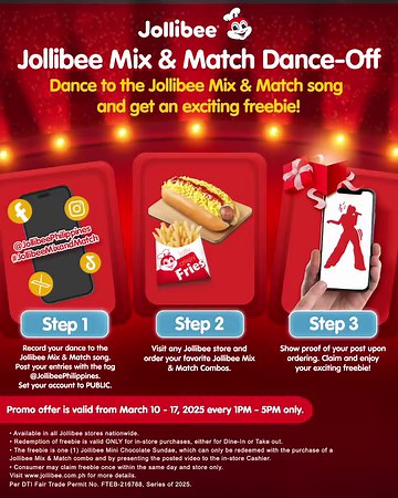 Mix, match, and move! Join the Jollibee Mix & Match Dance-Off from March 10 to 17, 2025, between 1 PM and 5 PM, and get an exciting surprise! 💃🕺🎶 Record yourself dancing to the Mix & Match song, post it publicly with #JollibeeMixandMatch, and tag us. Visit any Jollibee store and show your video when you order a Mix & Match combo to claim a jolly reward! 🍦 Available in all Jollibee stores nationwide. Valid for dine-in and take out transactions only. For more details, visit https://www.jollibe