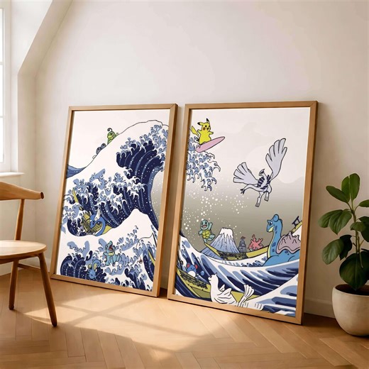 Japanese Wave Poster Set, Anime Ocean Print, Minimal Aesthetic Decor, Japan Style Artwork, Set of 2 - Etsy