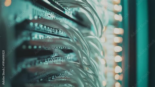 Server racks with numerous network cables plugged in, illustrating infrastructure, technology, and transferring data within a busy cloud computing and communication environment