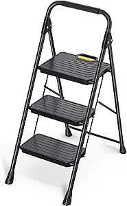 TOOLF 3 Step Ladder, Sturdy Steel Step Stool with Anti-Slip Wide Pedals, Handrail, Safe-Lock Design, Folding Portable Ladder for Multi-Purpose, Home, Kitchen, Pass 800lbs Load Testing, Black