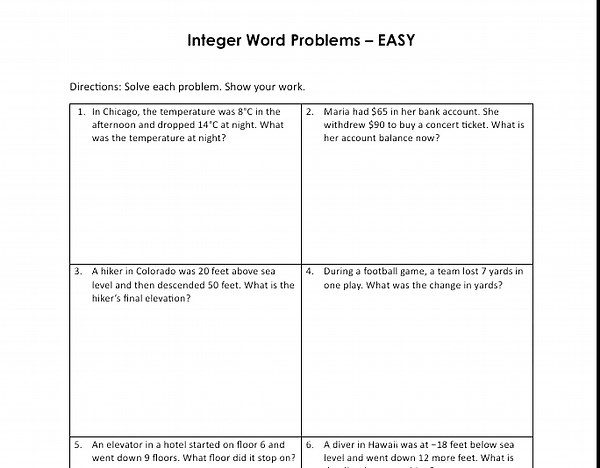 Integer Word Problems Worksheet | Integer Operations | Real-life Word Problems | Grades 6–8 | Pre-algebra | Math Worksheets - Etsy