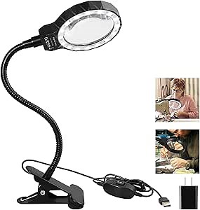 Magnifying Glass with Light,eSynic Popular Magnifying Desk Lamp USB Rechargeable Magnifier Lamp Clamp Daylight LED Magnifying Glass Lamp with 15 LEDs for Reading Sewing Handcraft etc (Style-D)