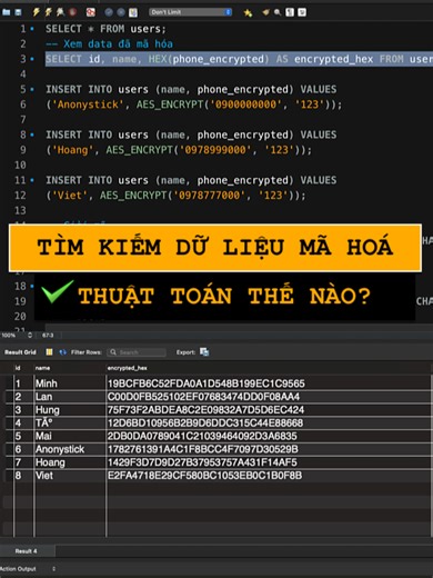Mã hoá dự liệu quan trọng trong MYSQL, làm thế nào tìm kiếm số điện thoại với thuật toán của Senior... FULL: https://youtu.be/1u5YbRBb9ls#java #developer #backend