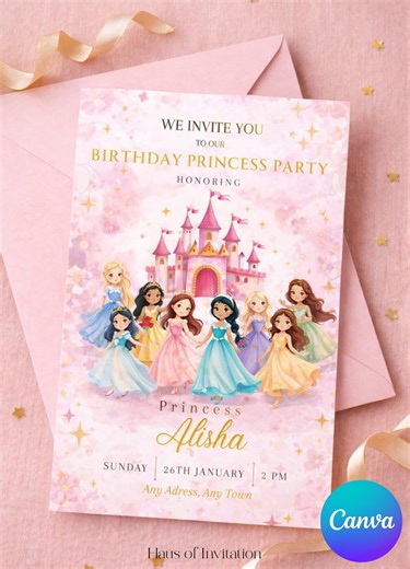 Editable Princess Birthday Invitation Template | Digital Instant Download | Customizable Princess Party Invite for Girl | Canva/template - Etsy