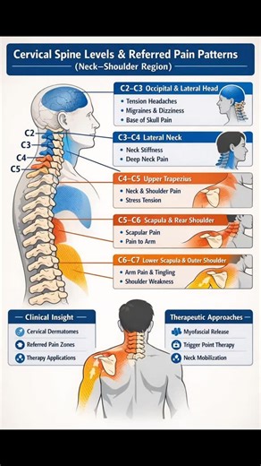 physiotherapy on Instagram: "🦴🧠 Cervical Spine Levels & Referred Pain Patterns (Neck–Shoulder Region) 🧠🦴 This overview explains how different cervical vertebrae (C2–C7) can produce pain, tension, and neurological symptoms in the head, neck, shoulders, and scapular region. --- 🔹 C2–C3 (Occipital & Lateral Head Region) Tension-type headaches Migraine-like pain Dizziness or lightheaded feeling Tightness at the base of the skull 🔹 C3–C4 (Lateral Neck Region) Neck stiffness Spinning or deep hea