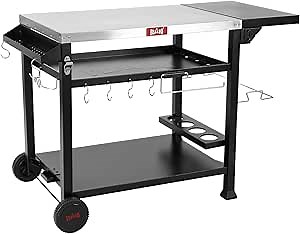Feasto Outdoor Grill Cart, Pizza Oven Table Stand for Outdoor Indoor, 50" x 22" Stainless Steel Tabletop Dining BBQ Grill with Wheels for Food Prep, 3-Shelf Kitchen Cart Table