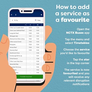 Receive personalised notifications about the services which you use the most by signing up for Travel Alerts in the NCTX Buses app - ideal for a snow day! Here's now to favourite your services... | Nottingham City Transport