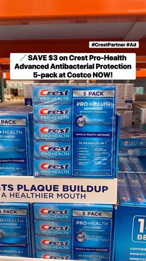 Costco Buys on Instagram: "#CrestPartner #AD 🪥 SAVE $3 on @Crest Pro-Health Advanced Antibacterial Protection Toothpaste 5-pack at @Costco for a limited time only! With 10 benefits in 1 formula, this toothpaste protects the whole mouth, not just the teeth, from many oral health issues! 🙌🏻 In fact, it provides 24-hour antibacterial protection when used as directed! It’s no wonder this toothpaste makes my teeth feel SUPER clean! 😁 🏃🏻‍♀️ HURRY to Costco and grab the Crest Pro-Health Advanced 