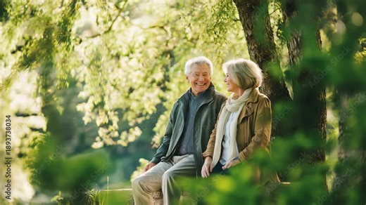 A loving senior couple shares a warm smile while enjoying time together outdoors among blooming spring flowers.