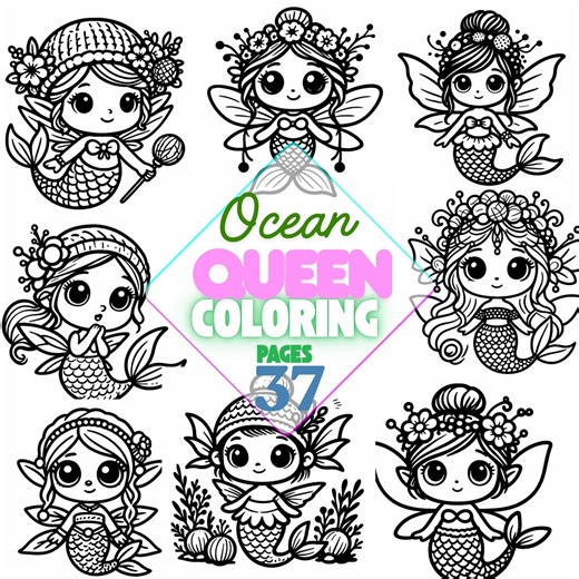 Ocean Queen Coloring Pages Bundle | Mermaids, Crowns, Sea Life (digital Download) - Etsy