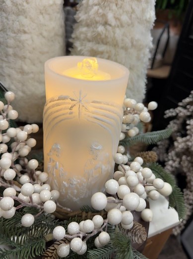 Can we just talk about how classy this candle fountain is? The classic white with the nativity. It’s perfection! | Dad's Primitive Workbench