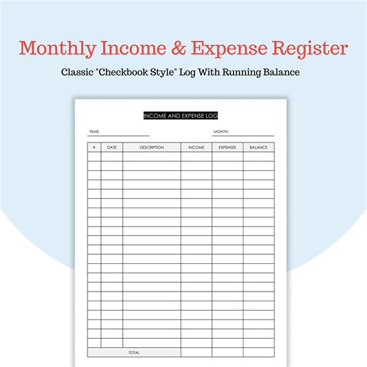 Monthly Income and Expense Log - Running Balance Tracker - Simple Financial Ledger - Year Month Format - Google Docs and PDF