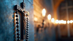 Download A crucifix and rosary beads adorn a dimly lit church wall, evoking Easter and spirituality for free