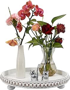 FramePro Decorative Tray 12in Round Wood Beaded - Rustic White Serving Tray Risers for Living Room, Coffee Table, Kitchen or Farmhouse Display