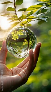 A hand holds a glass sphere reflecting a leafy branch in a forest setting