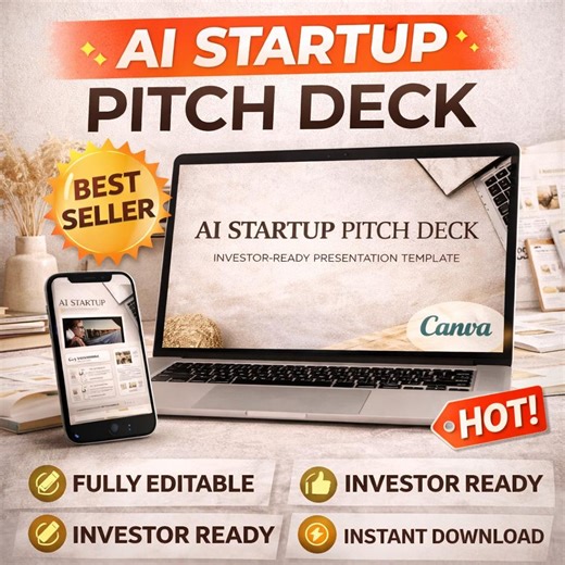 AI Startup Pitch Deck Template, Investor Ready Presentation, Canva Slides