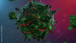 A 3D model of a virus molecule close up. Human immune system virus moving across screen. Bacteria virus or germs microorganism cells under microscope. 3d render microbe.