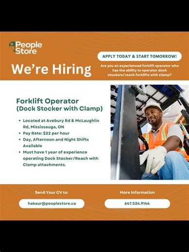 🚨 HIRING NOW – DOCK STOCKER OPERATORS (Clamp Attachment) 🚨 📍 Mississauga, ON (Avebury Rd & McLaughlin Rd) We’re looking for experienced Dock Stocker Operators to join our client’s growing warehouse team! Multiple shifts available: ⏰ Available Shifts: • Day: 7:00 AM – 3:30 PM • Afternoon: 3:00 PM – 11:30 PM • Night: 11:00 PM – 7:30 AM 💵 Pay Rate: $22 per hour 🔧 Key Responsibilities: • Safely operate a Dock Stocker with clamp attachment to handle large boxed items (furniture/electronics) • Op