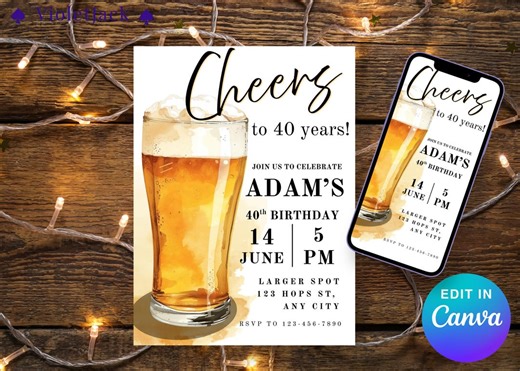 40th Birthday Invitation Template Editable Cheers to 40 Years Adult Birthday Party Invite Beer Theme Canva Digital Download - Etsy