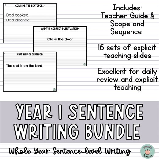 Captivated Learning on Instagram: "✨ Building strong writers starts with strong sentences ✨ This Year 1 Sentence Writing Bundle is packed with explicit, low-prep activities that teach students how sentences actually work — step by step. Inside the bundle you’ll find 16 slide sets that cover the following skills: ✔️ Sentence expansion (adding who, what, when, where, why & how) ✔️ Basic conjunctions (because, but, so) ✔️ Sentence types & punctuation (statements, questions, exclamations & commands)