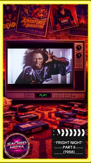 FRIGHT NIGHT PART II (1988) is an American supernatural horror film directed by Tommy Lee Wallace, and a sequel to the 1985 film Fright Night. Roddy McDowall and William Ragsdale reprise their roles as Peter Vincent and Charley Brewster, alongside new cast members Traci Lind, Julie Carmen and Jon Gries. Composer Brad Fiedel also returned with another distinct synthesizer score. #horror #horrortok #movie #movies #fyp