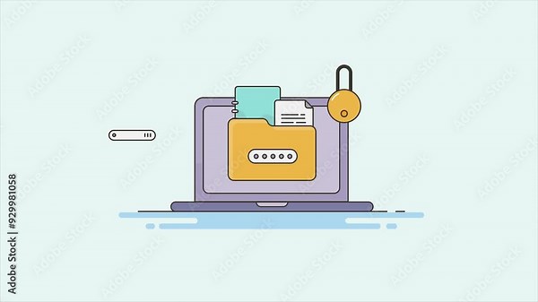Secure folder with file and document on laptop screen password protected, Computer security and online encrypted data conceptual video animation.