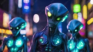 Extraterrestrial beings in a neon-lit urban environment. Group of aliens in a futuristic city at night. Concept of sci-fi theme, alien invasion, night cityscape, and futuristic setting. Motion
