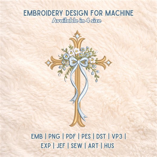 Religious Cross with Flowers Embroidery Design – Christian Floral Cross Blue Ribbon Machine Embroidery – Easter Baptism Gift – 4 Sizes