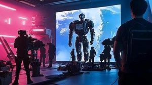 Behind the Scenes of a Futuristic Film Set Featuring a Humanoid Robot and High-Tech Production Crew, Blending Science Fiction with Advanced Filmmaking Technology and Digital Effects