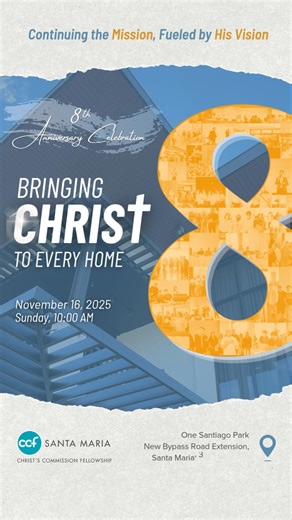 We all fall short, yet God’s grace restores. Dr. Philip Cruz’s story reminds us that real change comes when we choose a true relationship with God, not just religion. When we surrender fully, He renews us and leads us into His purpose. May we live out His mission and make disciples wherever we go. Join us as we celebrate CCF Santa Maria’s 8th Anniversary November 16, 2025 | 10:00 AM This is not just a celebration, it’s a mission to witness how God transforms lives! | CCF Santa Maria