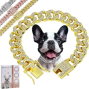 Gold Dog Chain Diamond Collar Walking Metal Chain Collar with Secure Buckle, Pet Cuban Style Collar Jewelry Accessories for Small Medium Large Dogs, Available in Multiple Pet Gift (Gold, 18inch)