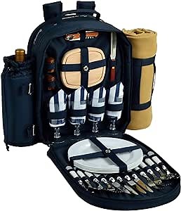 Picnic at Ascot - Deluxe Equipped 4 Person Picnic Backpack with Cooler, Insulated Wine Holder & Blanket - Chevron Blue