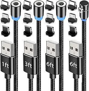 Amazon.com: Terasako Magnetic Charging Cable 4-Pack [1ft/3ft/6ft/6ft], 360° Rotating Magnetic Phone Charger Cable with LED Light, 90° Angle Connector, Nylon-Braided Cords : Terasako: Electronics