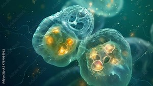 A timelapse sequence of a Paramecium dividing into two daughter cells highlighting the process of binary fission. . AI generation.