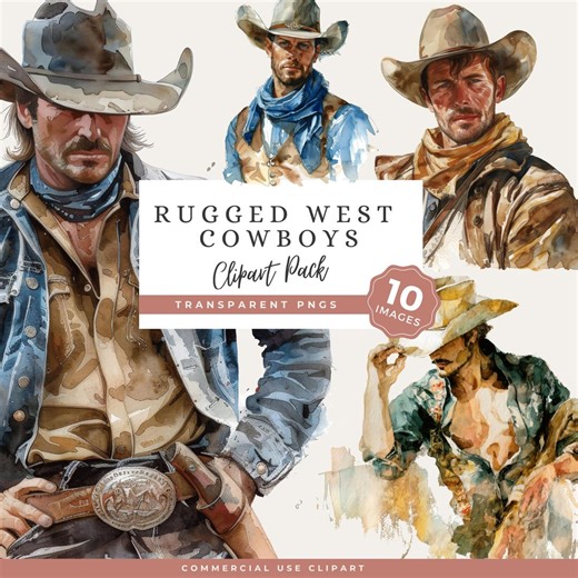 Cowboy Clipart PNG, Rugged Western Cowboy Graphics, Wild West Junk Journal Ephemera