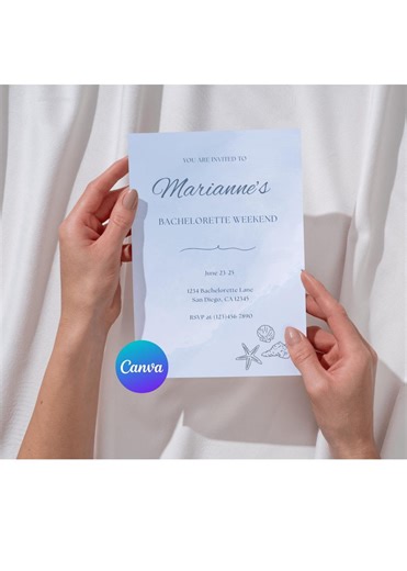 Coastal Bridal Shower Invitation | Blue Watercolor Beach Theme (canva Template) - Etsy