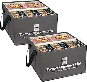 Freezer Organizer Bins, 2 Pack Collapsible Deep Freezer Organizer Bins for 15"x14"x9", freezer Storage Bins with Removable Dividers, Handles (Dark Grey, 2 Pack)