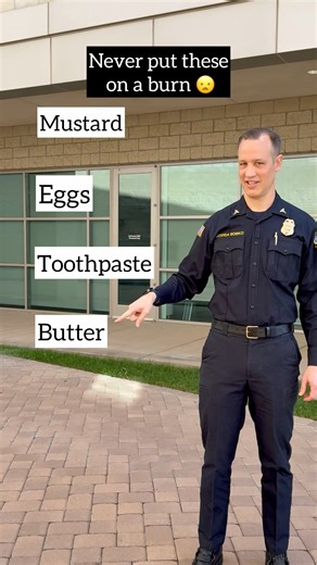 Have you ever been told to put butter, toothpaste, or eggs on a burn? These objects can actually cause an infection and make the burn worse. 😬 Instead, run cool water on the burn for 20 minutes until the pain subsides. Call 9-1-1 if you have a burn that affects your mobility or sensation, for any burn larger than your hand, or if the burn affects the feet, face, or eyes. #NationalBurnAwarenessWeek | Orange County Fire Authority