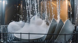 Water splashes in a dishwashing machine as plates and bowls are washed, showcasing the cleaning process and the power of a modern appliance