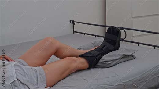 Fractured female leg in orthopedic medical fracture Walker boot tall foot ,support splint foot stabilize,for ankle trauma and tendon lesions. Orthopedic shoes woman and man.