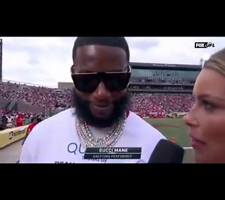 Gucci Mane does his first performance and interview since the news broke about the alleged Pooh Shiesty robbery.On April 18, Guwop was at Protective Stadium in Birmingham, Ala., to perform as part of the UFL's Birmingham Stallions' home opener halftime show. During his appearance, Gucci spoke to the media for the first time since Pooh Shiesty was arrested for kidnapping in connection with Gucci's alleged robbery back in January.At the game, Gucci reunited with a woman who saved him from drowning