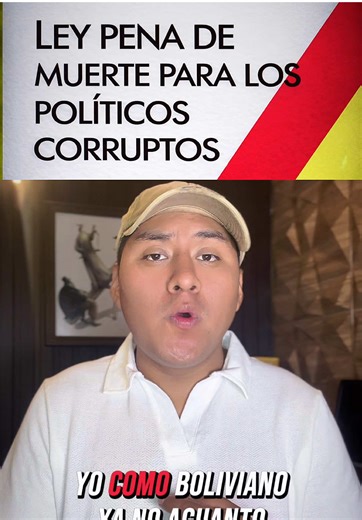 La ley de pena de muerte para los políticos corruptos tiene que ser una realidad en Bolivia. Mientras el ciudadano de a pie roba una garrafa le procesan ocho años mínimo, pero cuando un político corrupto roba millones de dólares, son libres, gastando los millones en el extranjero. Hagamos una realidad la ley de pena de muerte para los políticos corruptos #leydepenademuerteparalospoliticoscorruptosenbolivia #propuestadeleydepenademuerte #bolovia #jovenproponeleydepenademuerteparapoliticos #nomasc