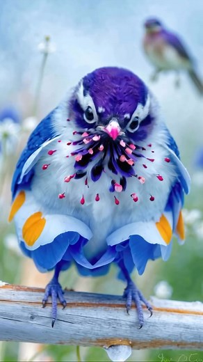 The Sapphire Bloom 🎨 Main Colors: Deep sapphire blue, pure white, vibrant magenta, golden orange accents 📍 Habitat: Alpine wildflower meadows at high altitudes ✨ Trait: Unique floral crown around the beak, resembling a blooming alpine blossom with vivid pink stamens 📄 Description: The Sapphire Bloom is a rare highland MetaBird, known for its breathtaking floral crown that seems to sprout directly from its beak. Its deep blue wings, tipped with golden petals, shimmer like sunlight over glacial