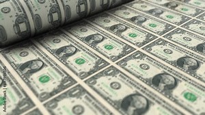 Intricate Printing Process of One US Dollar Bank Note in Washington DC, Detailed close-up capturing the precise process of printing one US dollar bills on a large roll in a secure printing facility.